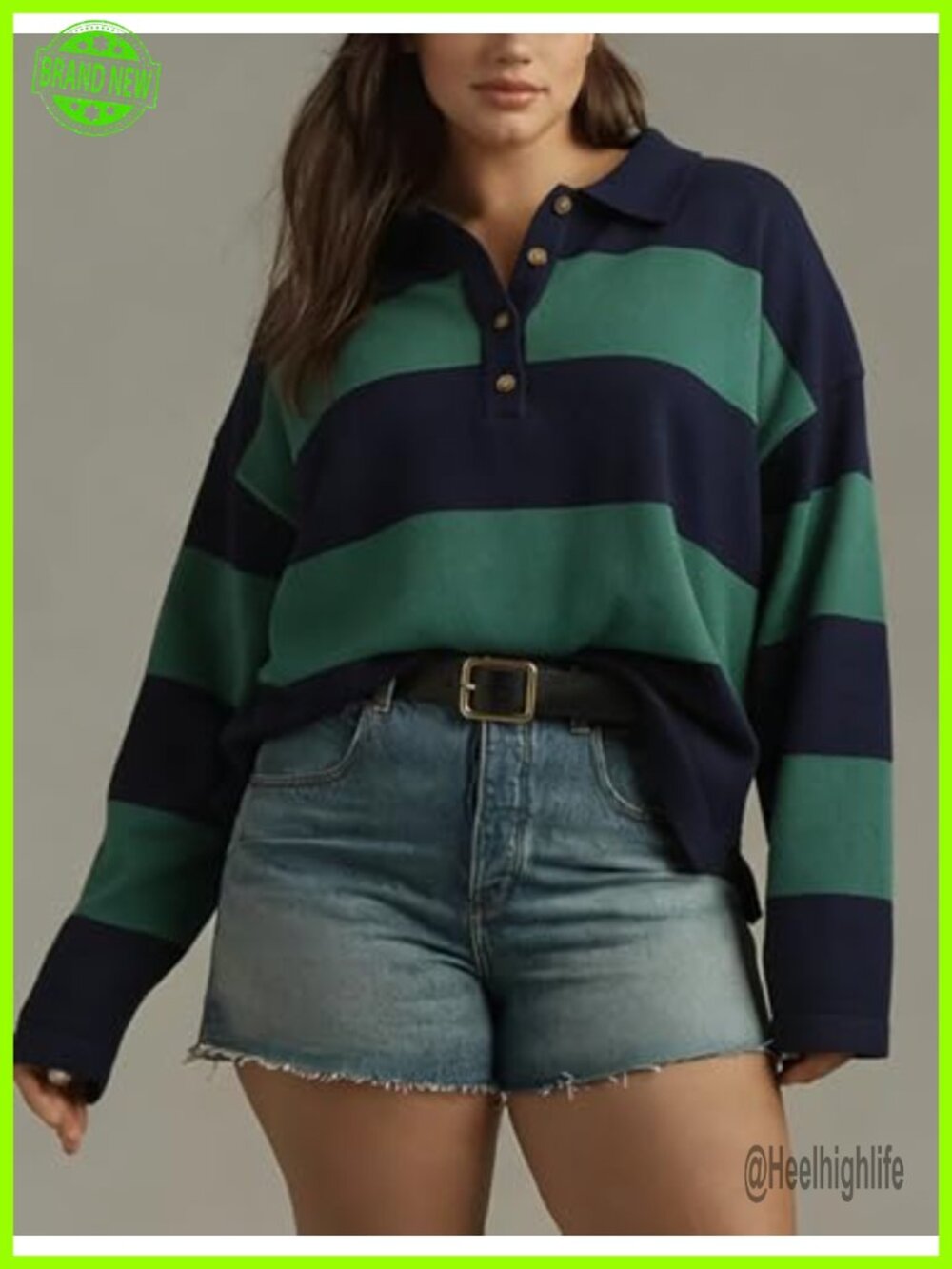Striped Rugby Polo Sweater Collared V-Neck Button Front Pullover - Picture 5 of 6